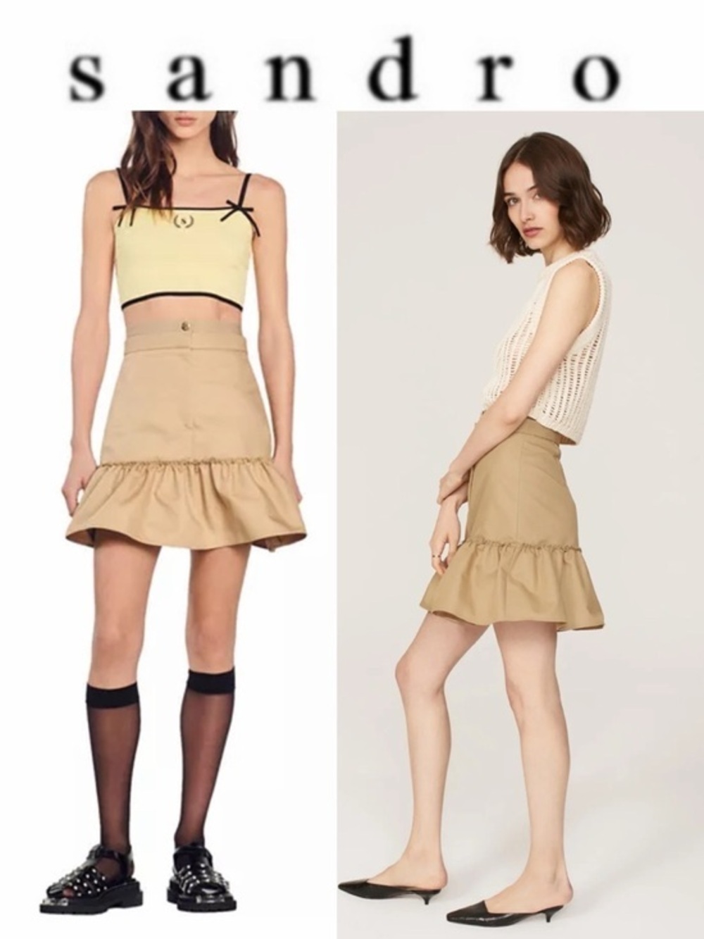Sandro Alicante Skirt Tan Ruffle-Hem High-Waist Mini Skirt Sz FR 36 NWT $175